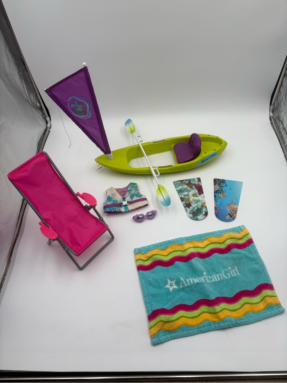 American Girl Lea Ocean Kayak Set Retired Kayak Sail Paddle Chair Tow